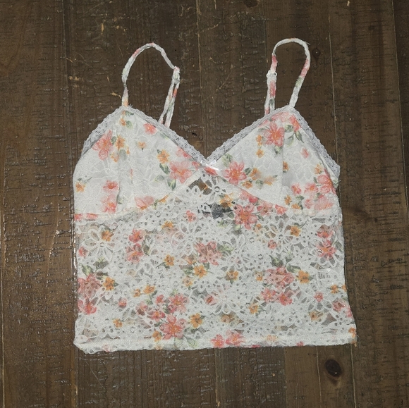 Medium Floral Lace Cami Sheer Mesh Y2k 90s Crop Top Vintage Fairycore 2000s Cute - Picture 3 of 8